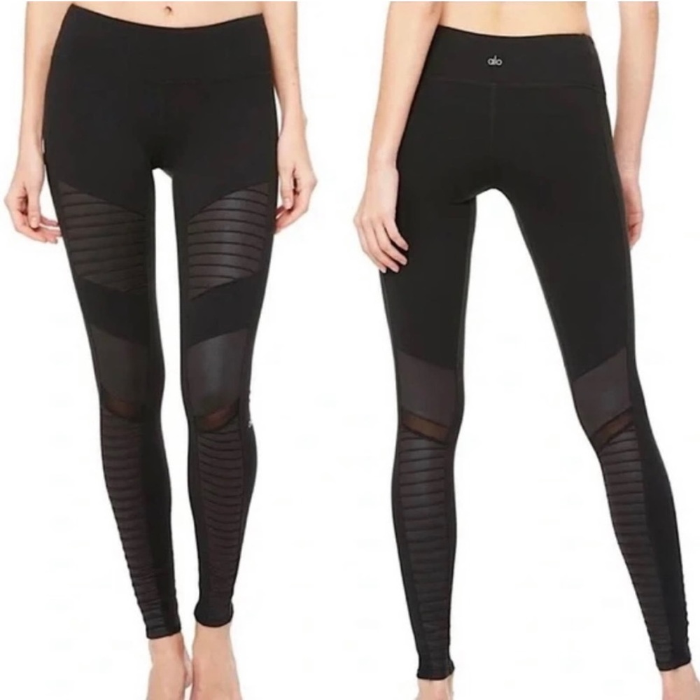 Alo yoga black moto leggings women’s S small mesh panels mid rise legging